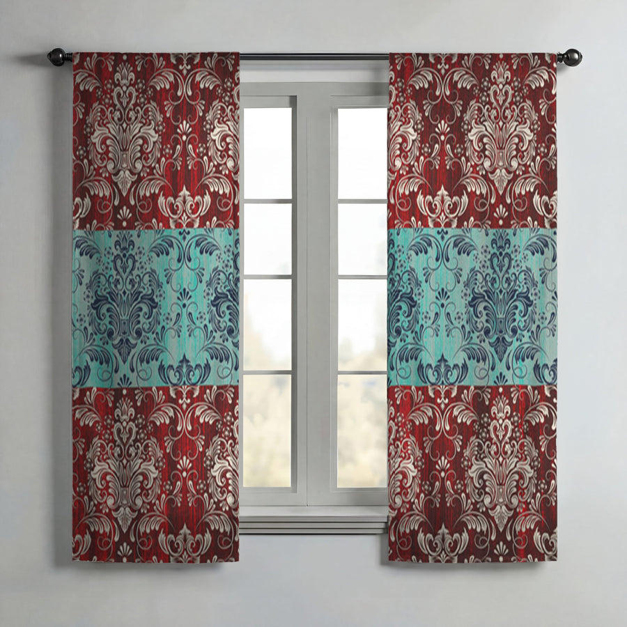 Red and Teal Ornamental Damask Stripe Pattern Window Curtains