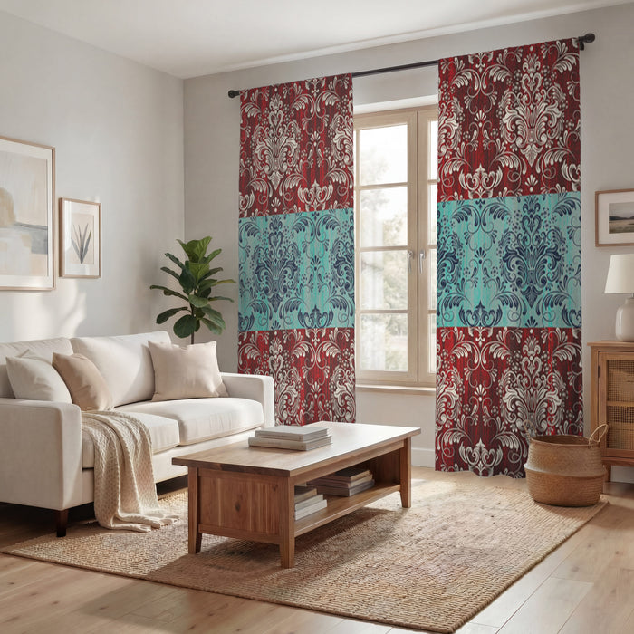 Red and Teal Ornamental Damask Stripe Pattern Window Curtains