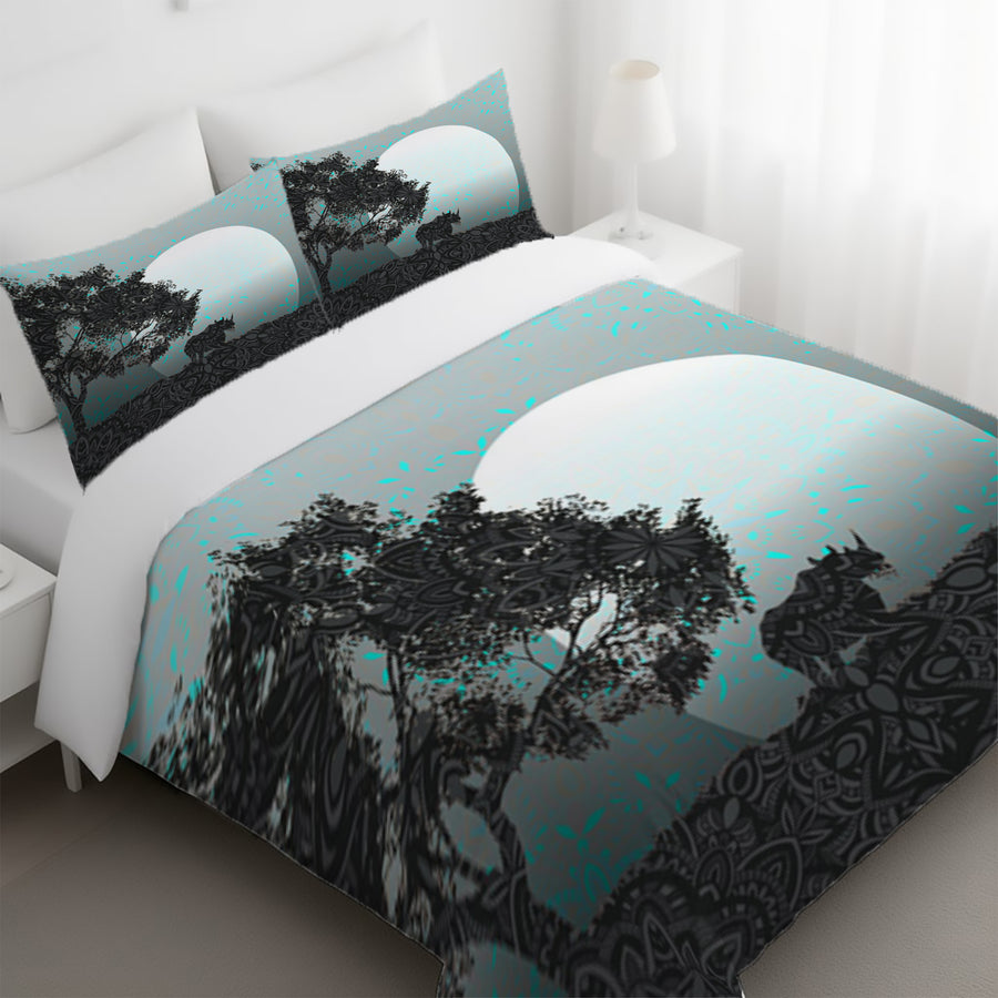 Gray Tree Silhouette Moon Landscape Artwork Duvet Cover