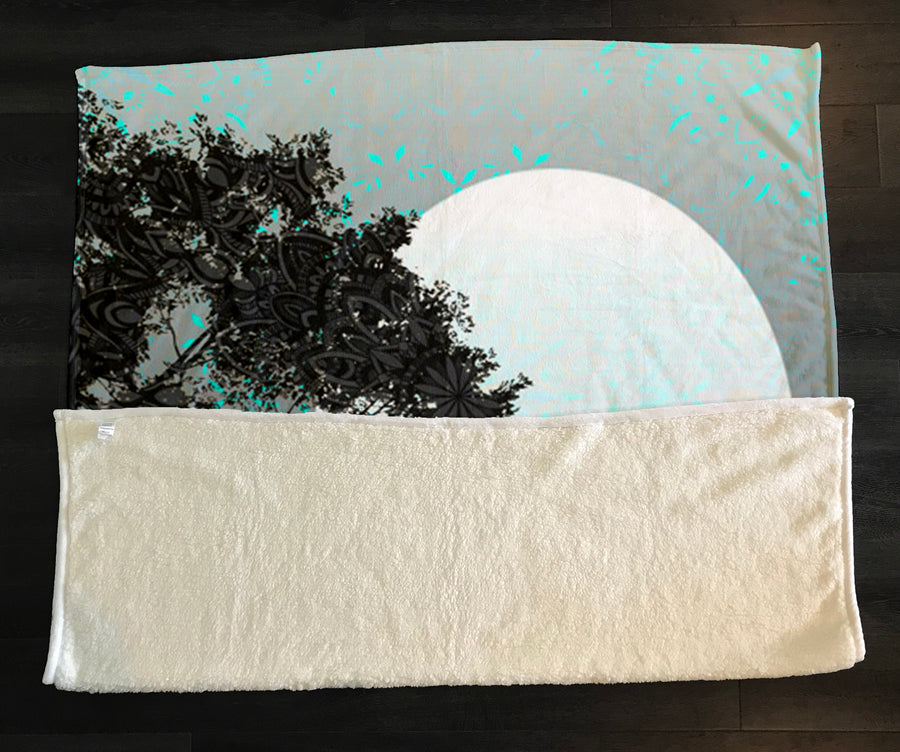 Gray Tree Silhouette Moon Landscape Artwork Fleece Sherpa Blanket