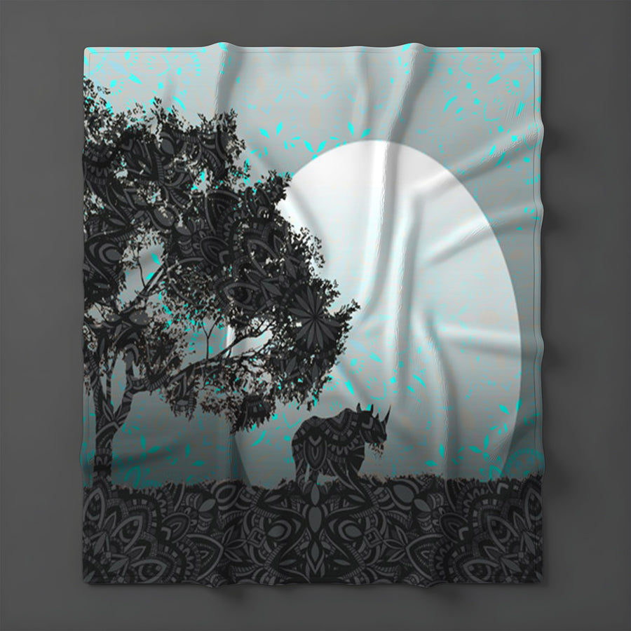 Gray Tree Silhouette Moon Landscape Artwork Fleece Sherpa Blanket
