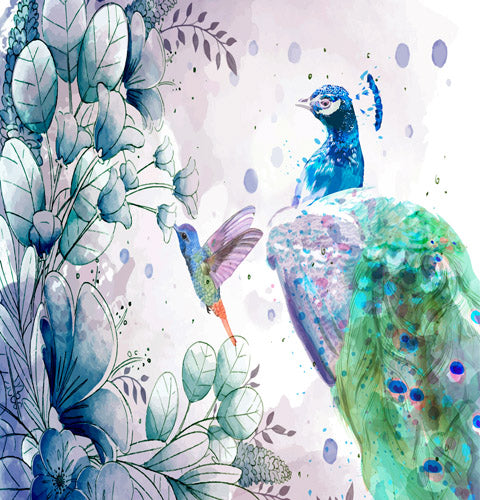 Blue Peacock Watercolor Botanical Artwork