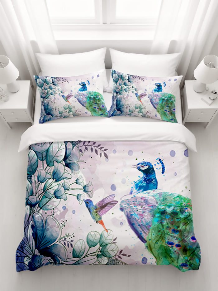 Blue Peacock Watercolor Botanical Artwork Duvet Cover