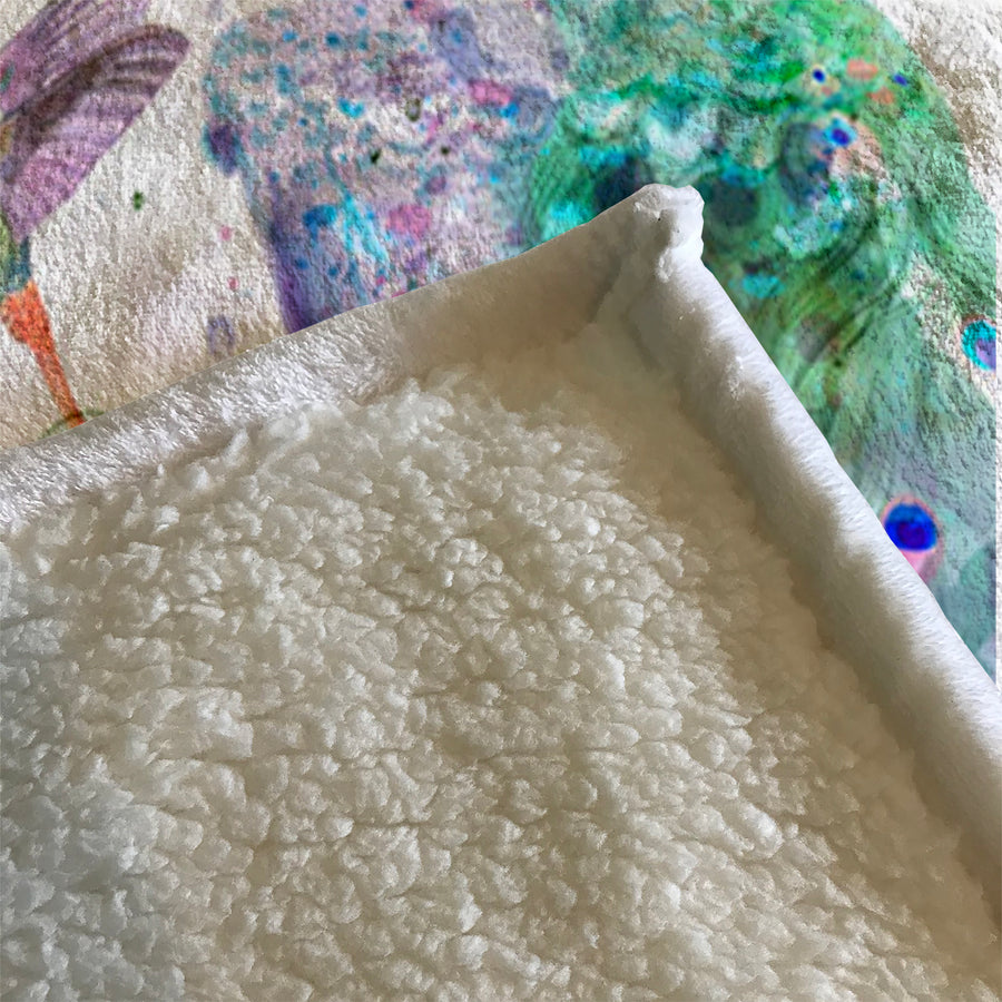 Blue Peacock Watercolor Botanical Artwork Fleece Sherpa Blanket