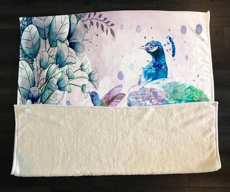 Blue Peacock Watercolor Botanical Artwork Fleece Sherpa Blanket