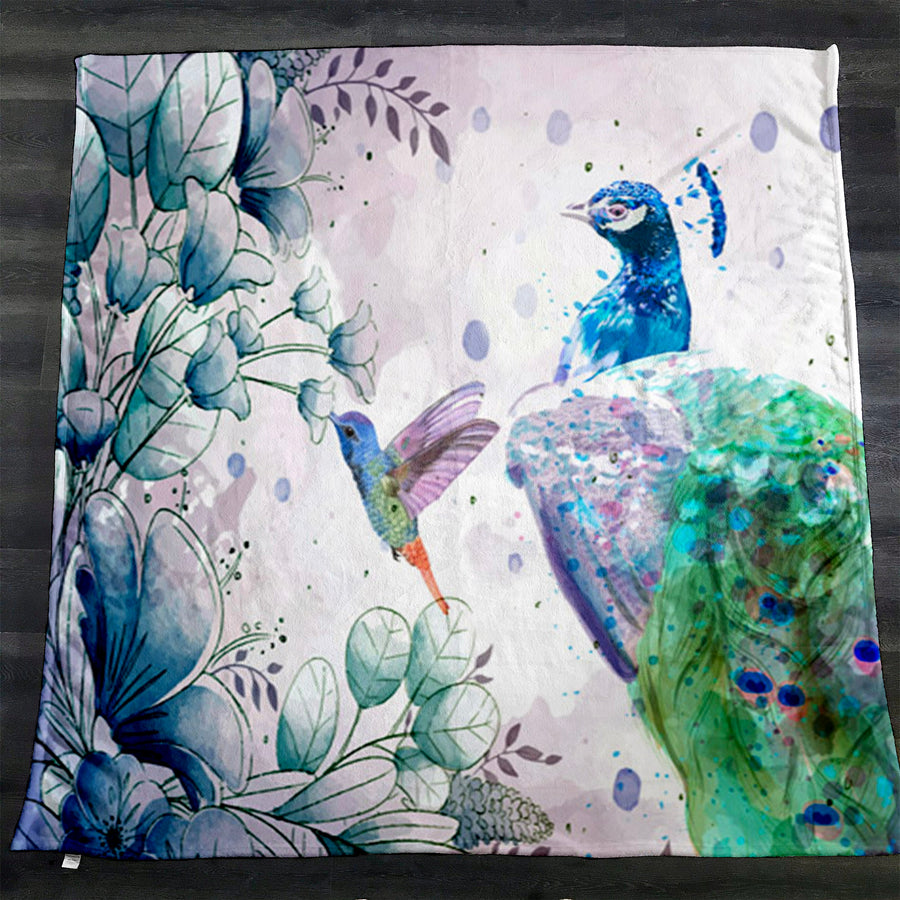Blue Peacock Watercolor Botanical Artwork Fleece Sherpa Blanket