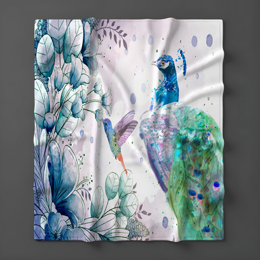 Blue Peacock Watercolor Botanical Artwork Fleece Sherpa Blanket