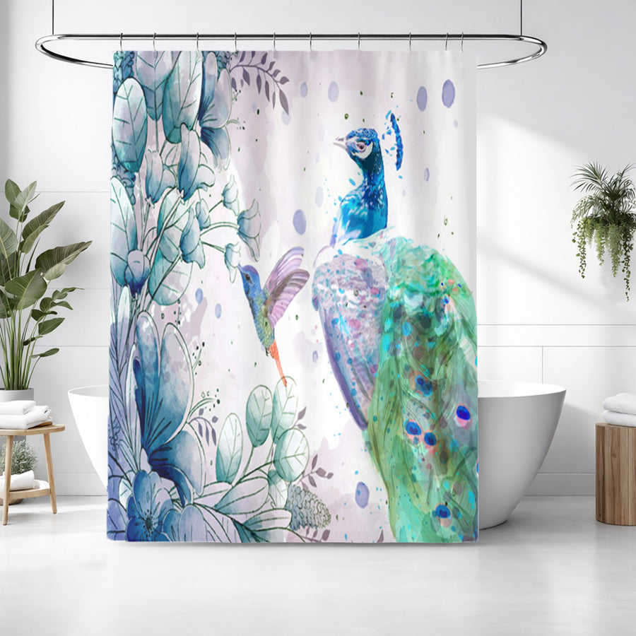 Blue Peacock Watercolor Botanical Artwork Shower Curtain