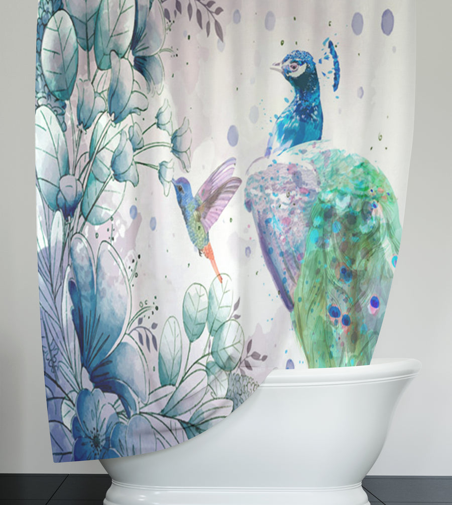 Blue Peacock Watercolor Botanical Artwork Shower Curtain