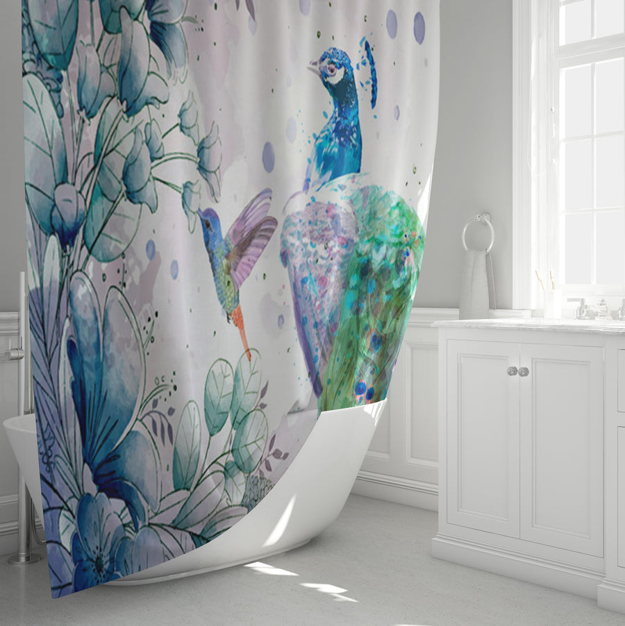 Blue Peacock Watercolor Botanical Artwork Shower Curtain