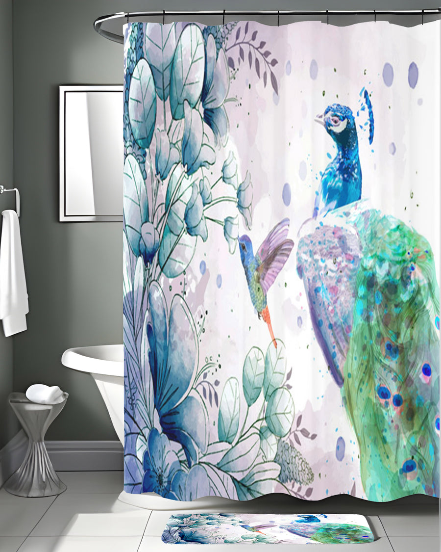 Blue Peacock Watercolor Botanical Artwork Shower Curtain