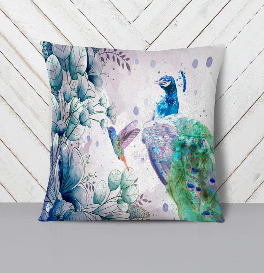 Blue Peacock Watercolor Botanical Artwork Throw Pillow Cover
