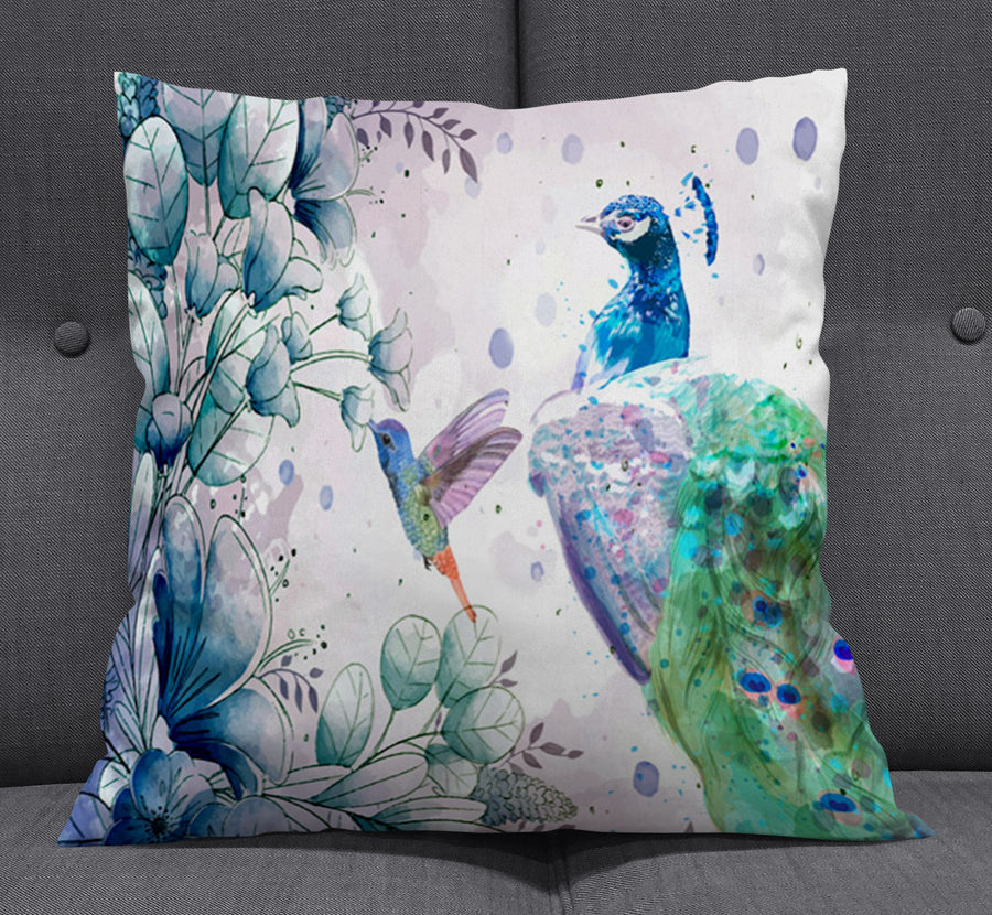 Blue Peacock Watercolor Botanical Artwork Throw Pillow Cover