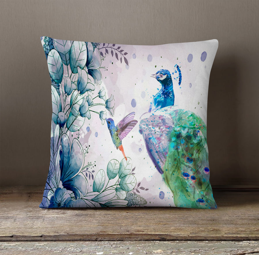 Blue Peacock Watercolor Botanical Artwork Throw Pillow Cover