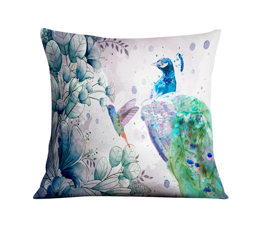 Blue Peacock Watercolor Botanical Artwork Throw Pillow Cover
