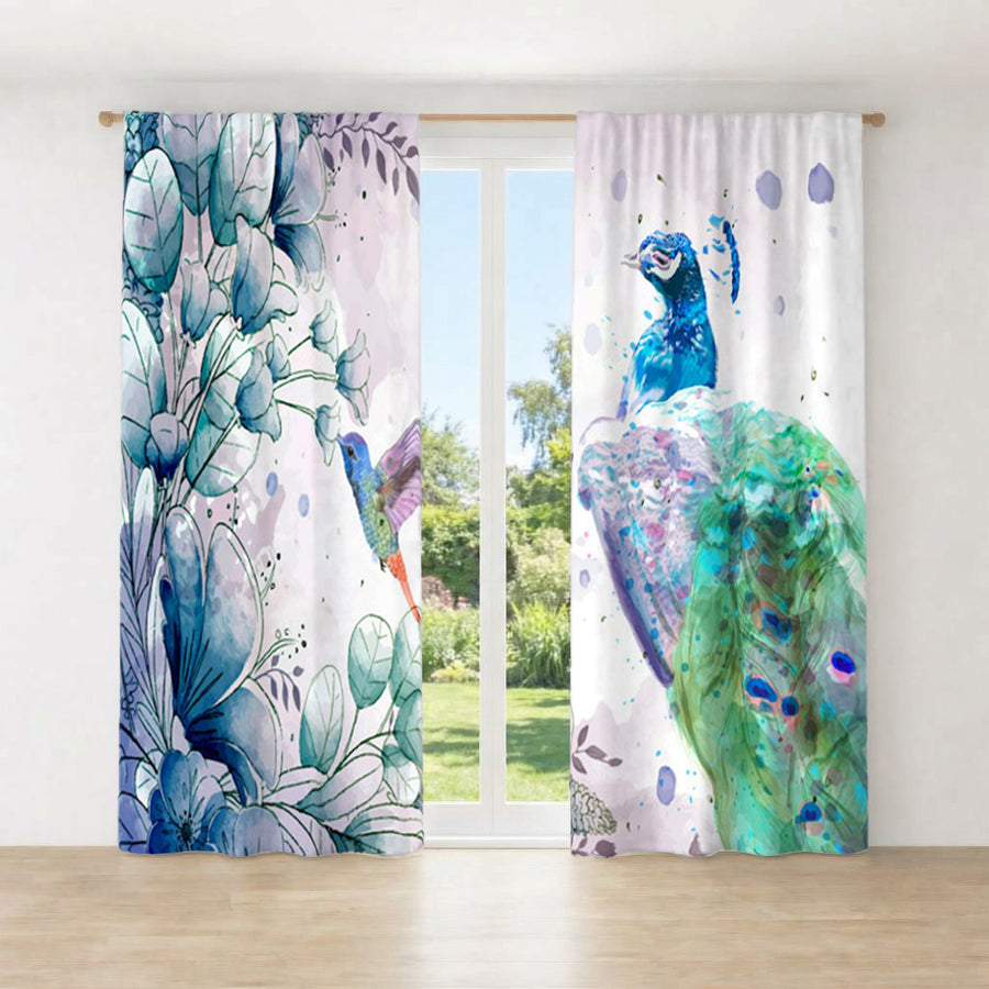 Blue Peacock Watercolor Botanical Artwork Window Curtains