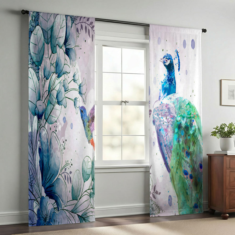 Blue Peacock Watercolor Botanical Artwork Window Curtains