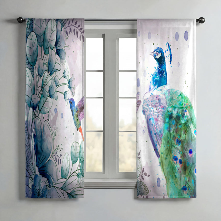 Blue Peacock Watercolor Botanical Artwork Window Curtains