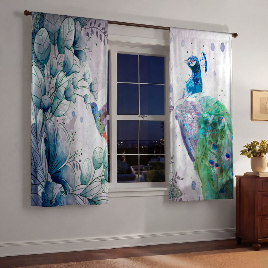 Blue Peacock Watercolor Botanical Artwork Window Curtains