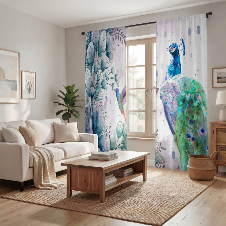 Blue Peacock Watercolor Botanical Artwork Window Curtains