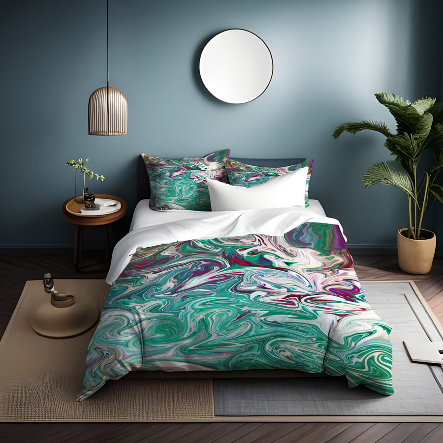 Teal and Purple Liquid Marble Abstract Pattern Duvet Cover