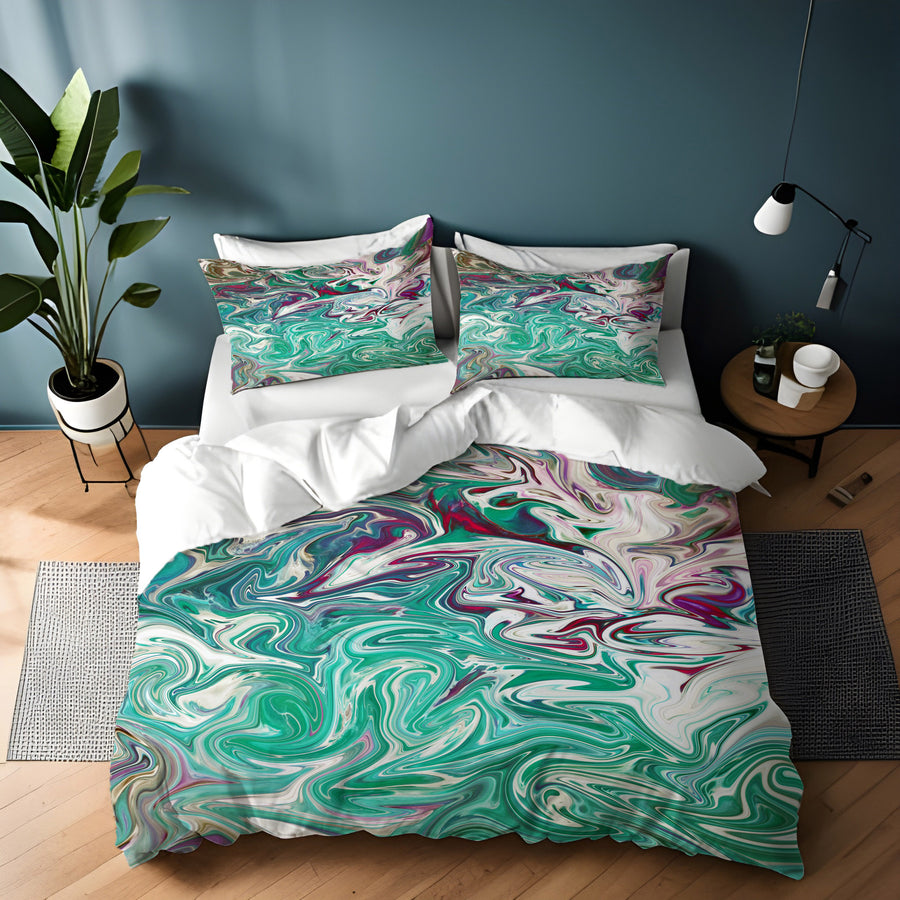 Teal and Purple Liquid Marble Abstract Pattern Duvet Cover
