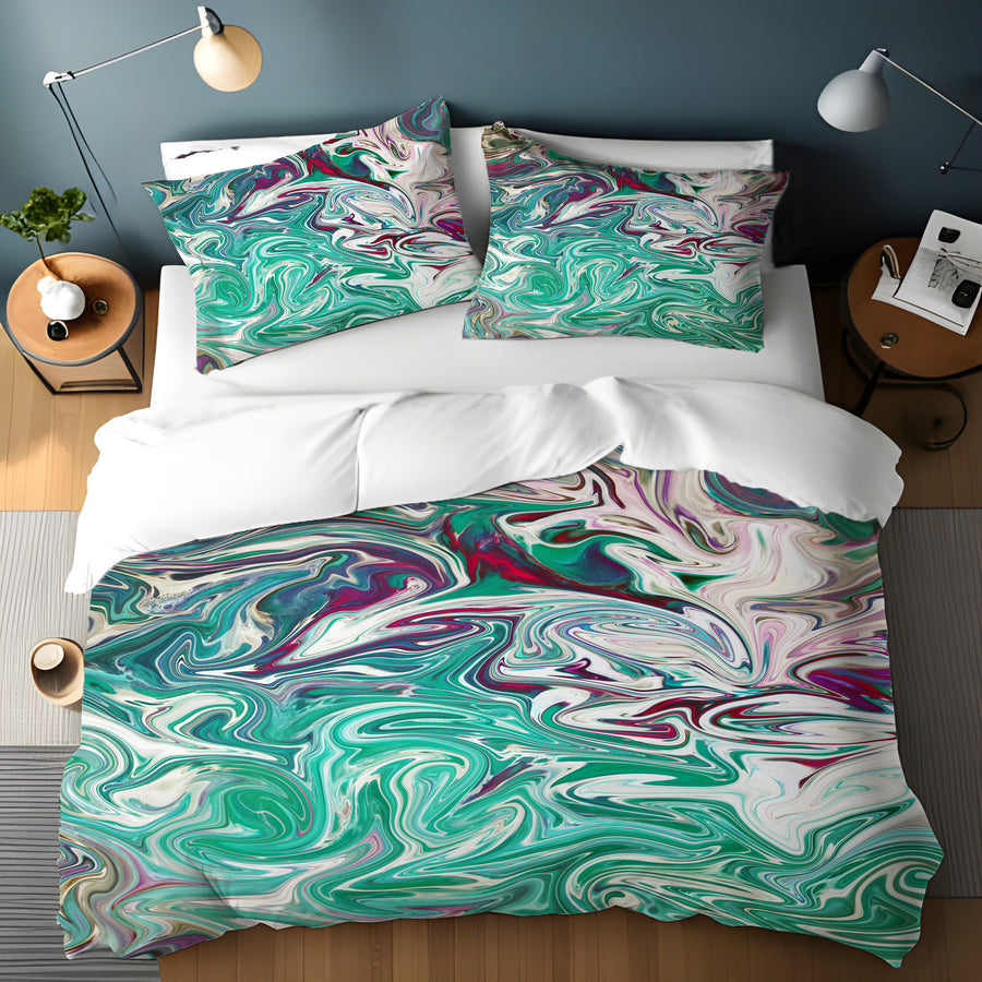 Teal and Purple Liquid Marble Abstract Pattern Duvet Cover