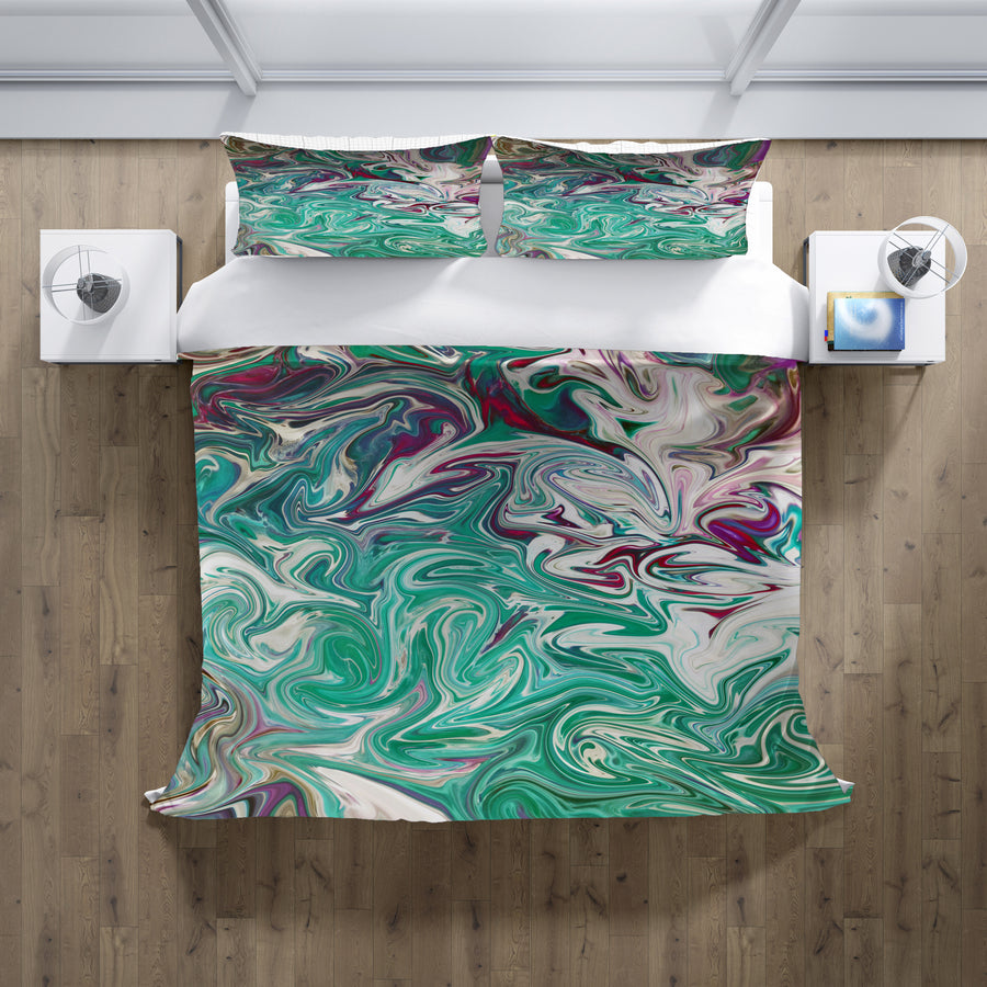 Teal and Purple Liquid Marble Abstract Pattern Duvet Cover