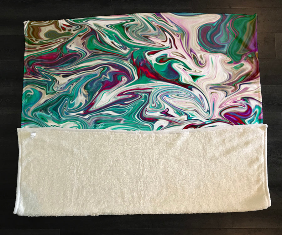 Teal and Purple Liquid Marble Abstract Pattern Fleece Sherpa Blanket