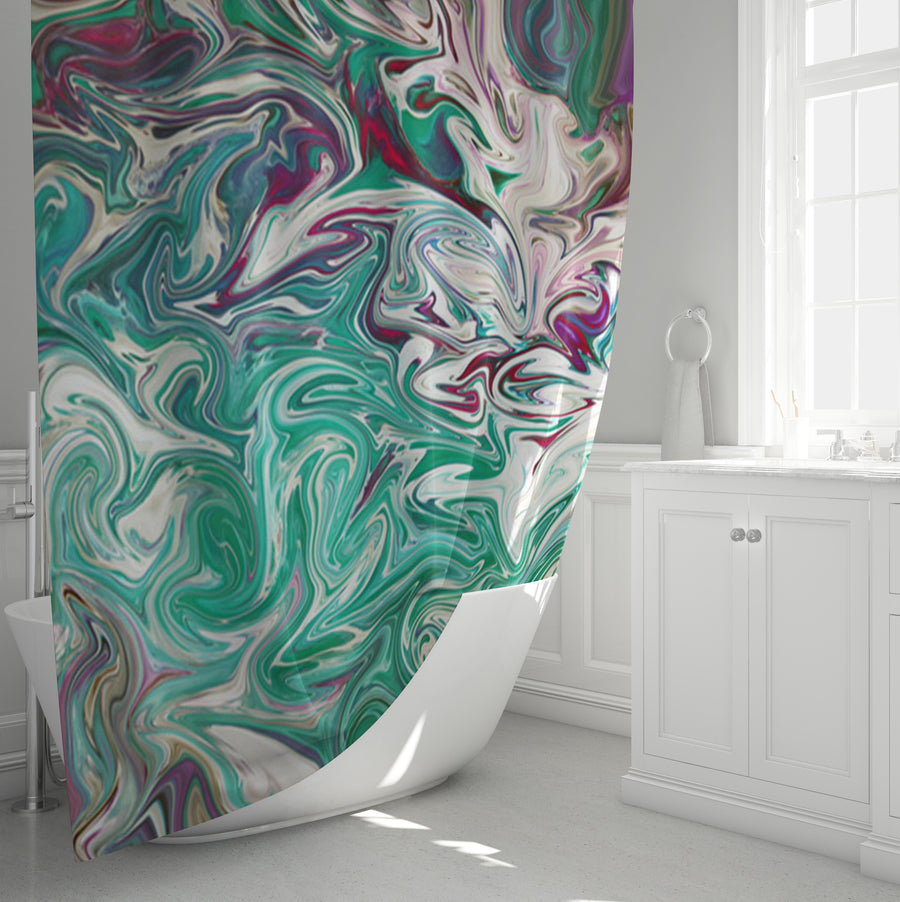 Teal and Purple Liquid Marble Abstract Pattern Shower Curtain