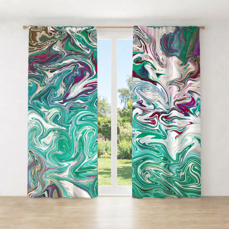Teal and Purple Liquid Marble Abstract Pattern Window Curtains