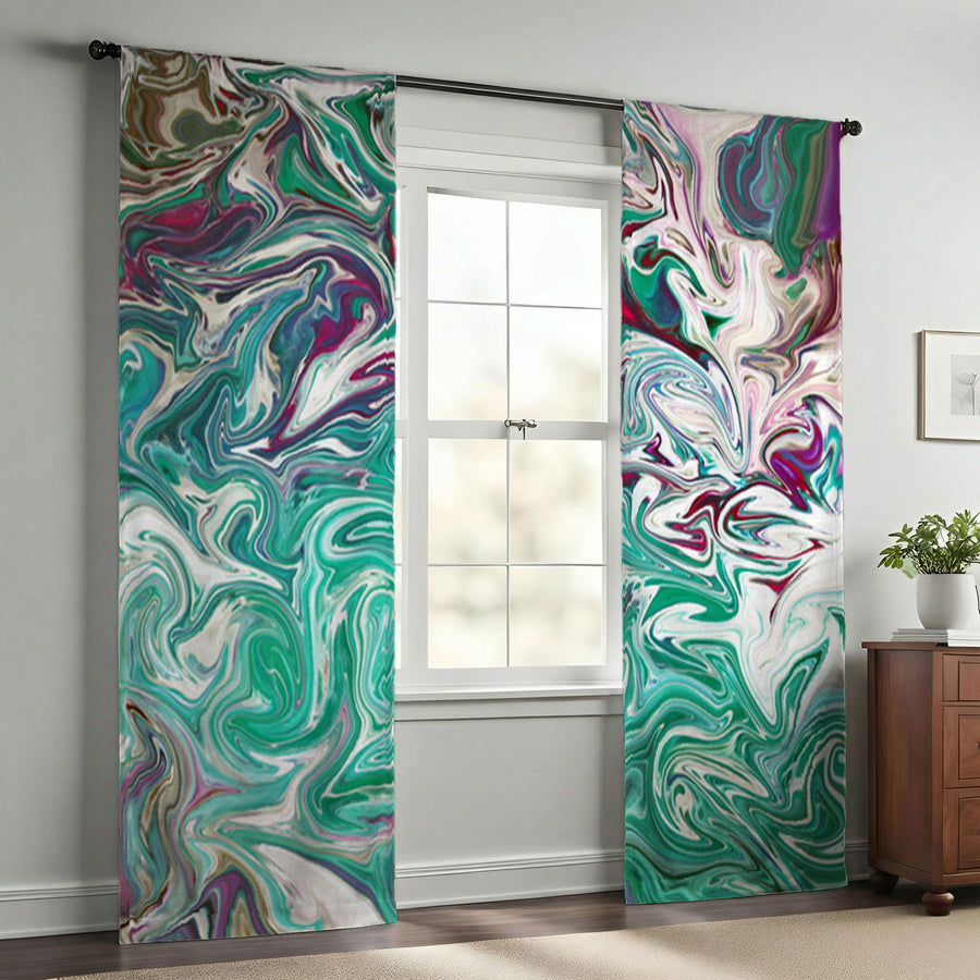 Teal and Purple Liquid Marble Abstract Pattern Window Curtains