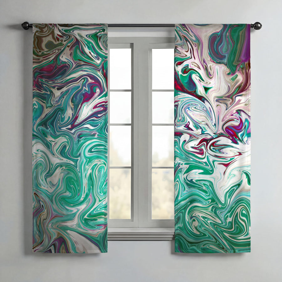 Teal and Purple Liquid Marble Abstract Pattern Window Curtains
