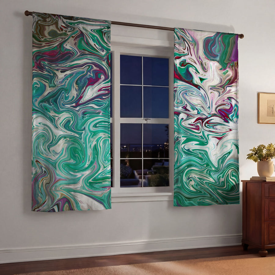 Teal and Purple Liquid Marble Abstract Pattern Window Curtains