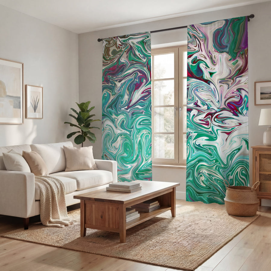 Teal and Purple Liquid Marble Abstract Pattern Window Curtains