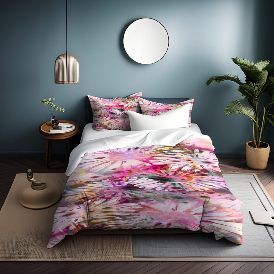 Pink Daisy Floral Burst Pattern Duvet Cover