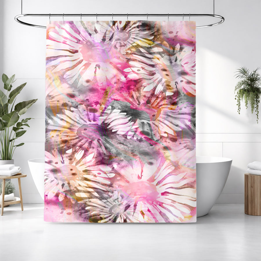 Pink Daisy Floral Burst Pattern Shower Curtain