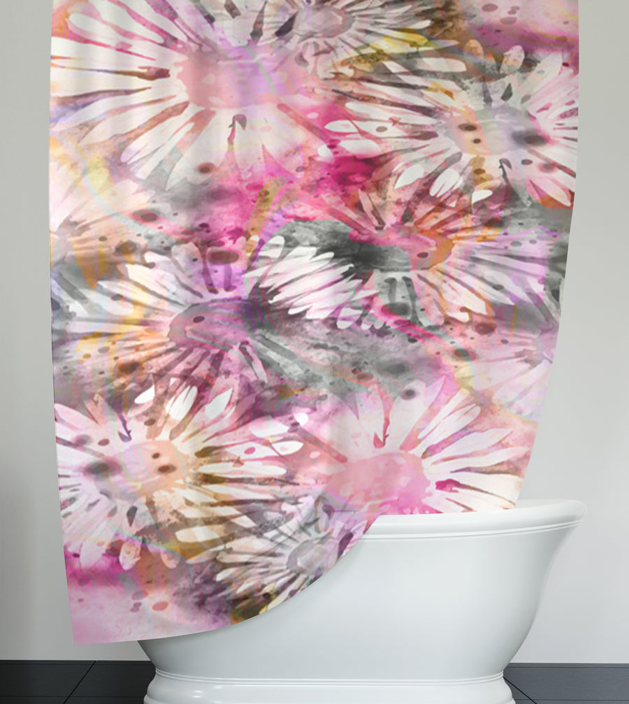 Pink Daisy Floral Burst Pattern Shower Curtain
