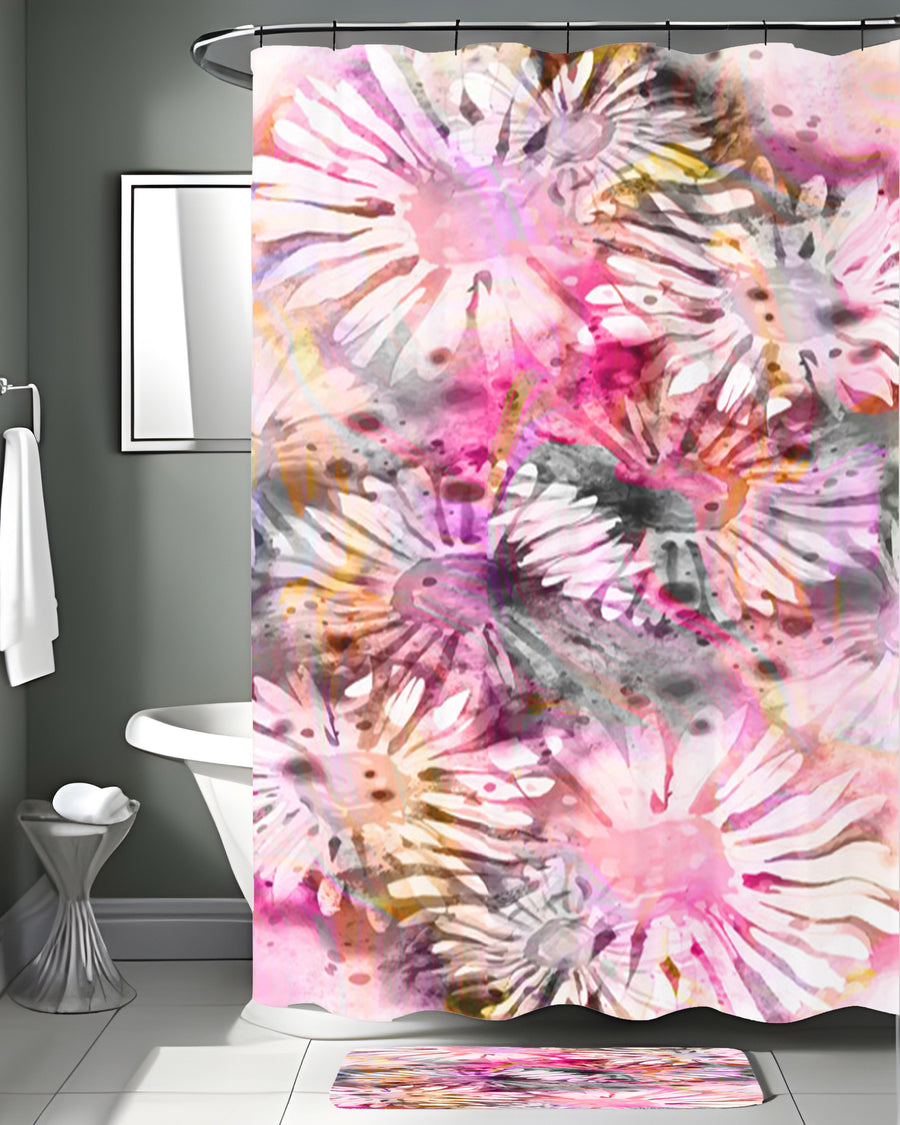 Pink Daisy Floral Burst Pattern Shower Curtain