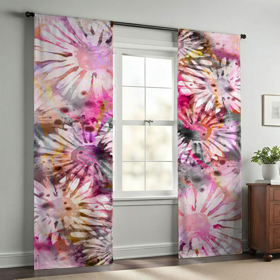 Pink Daisy Floral Burst Pattern Window Curtains