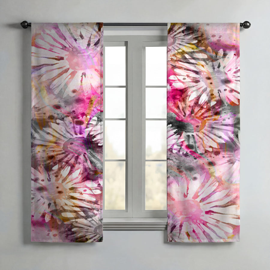 Pink Daisy Floral Burst Pattern Window Curtains