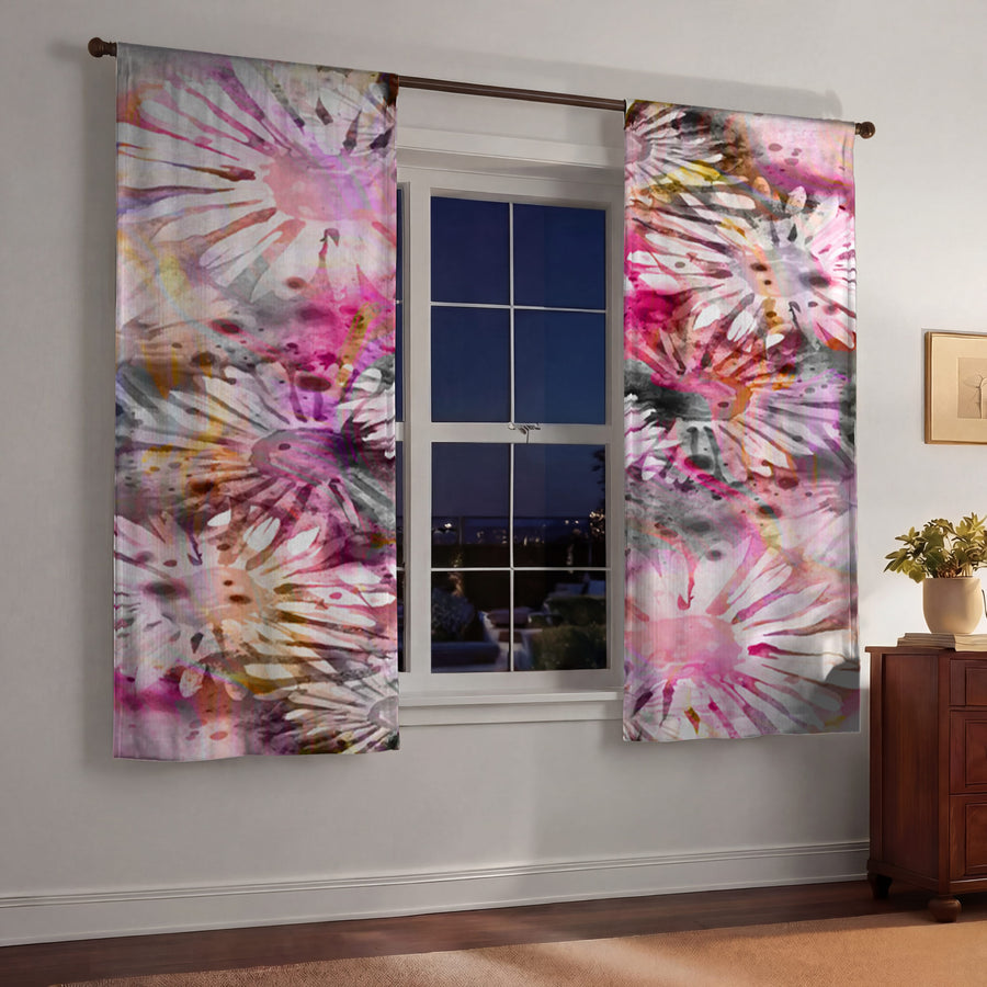 Pink Daisy Floral Burst Pattern Window Curtains