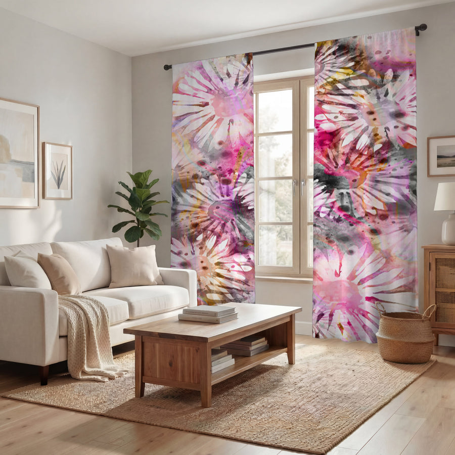 Pink Daisy Floral Burst Pattern Window Curtains
