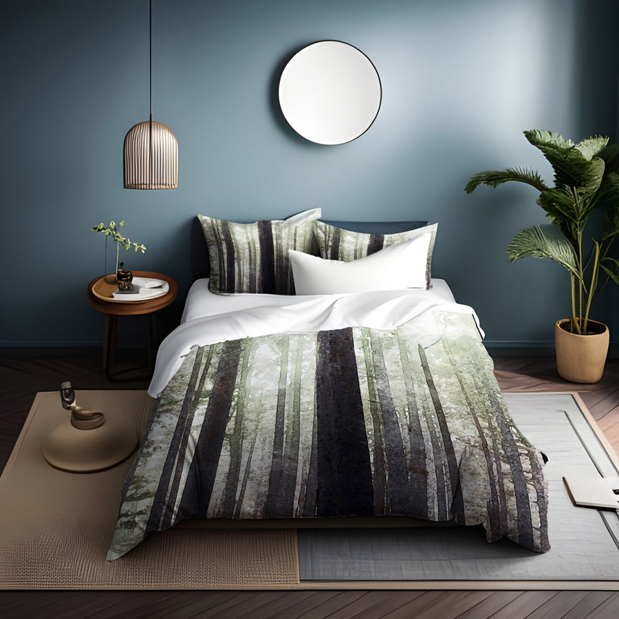 Green Misty Forest Landscape Artwork Duvet Cover