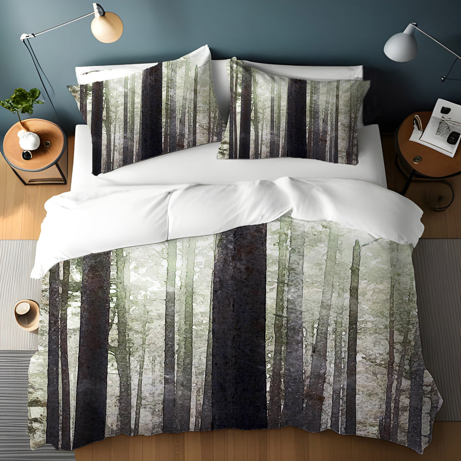 Green Misty Forest Landscape Artwork Duvet Cover