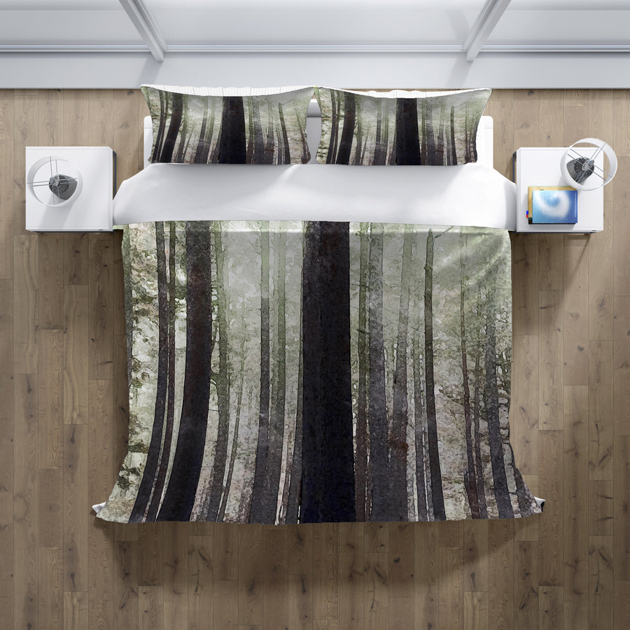 Green Misty Forest Landscape Artwork Duvet Cover