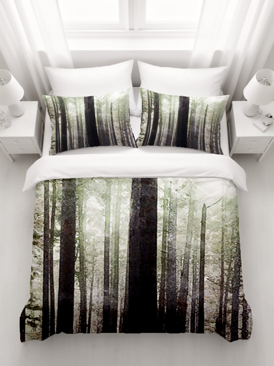 Green Misty Forest Landscape Artwork Duvet Cover