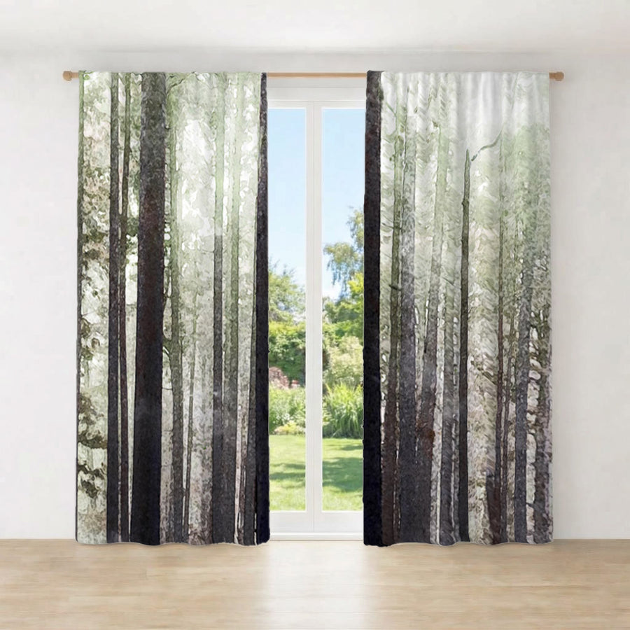 Green Misty Forest Landscape Artwork Window Curtains