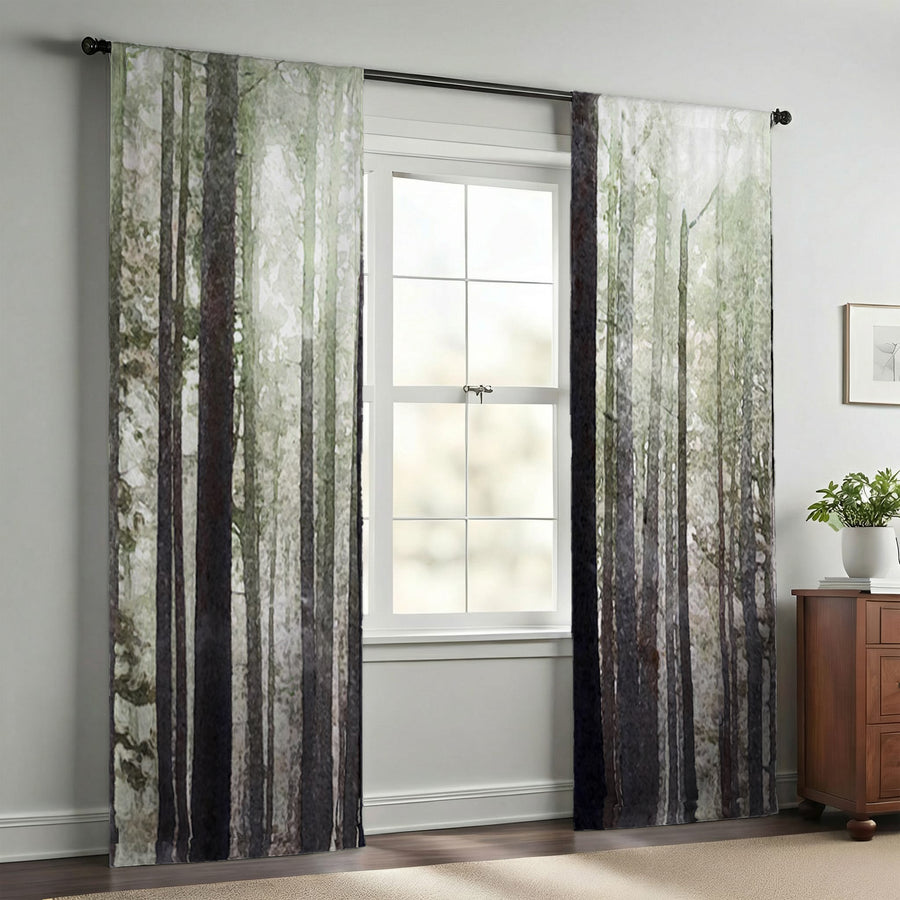 Green Misty Forest Landscape Artwork Window Curtains
