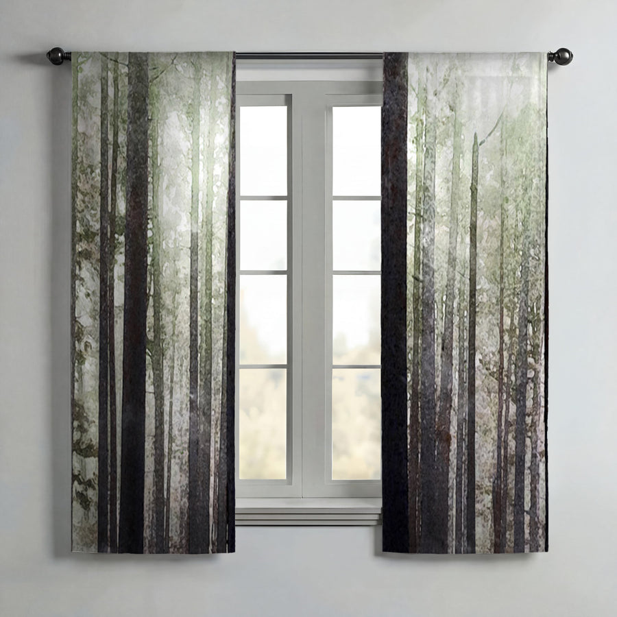 Green Misty Forest Landscape Artwork Window Curtains